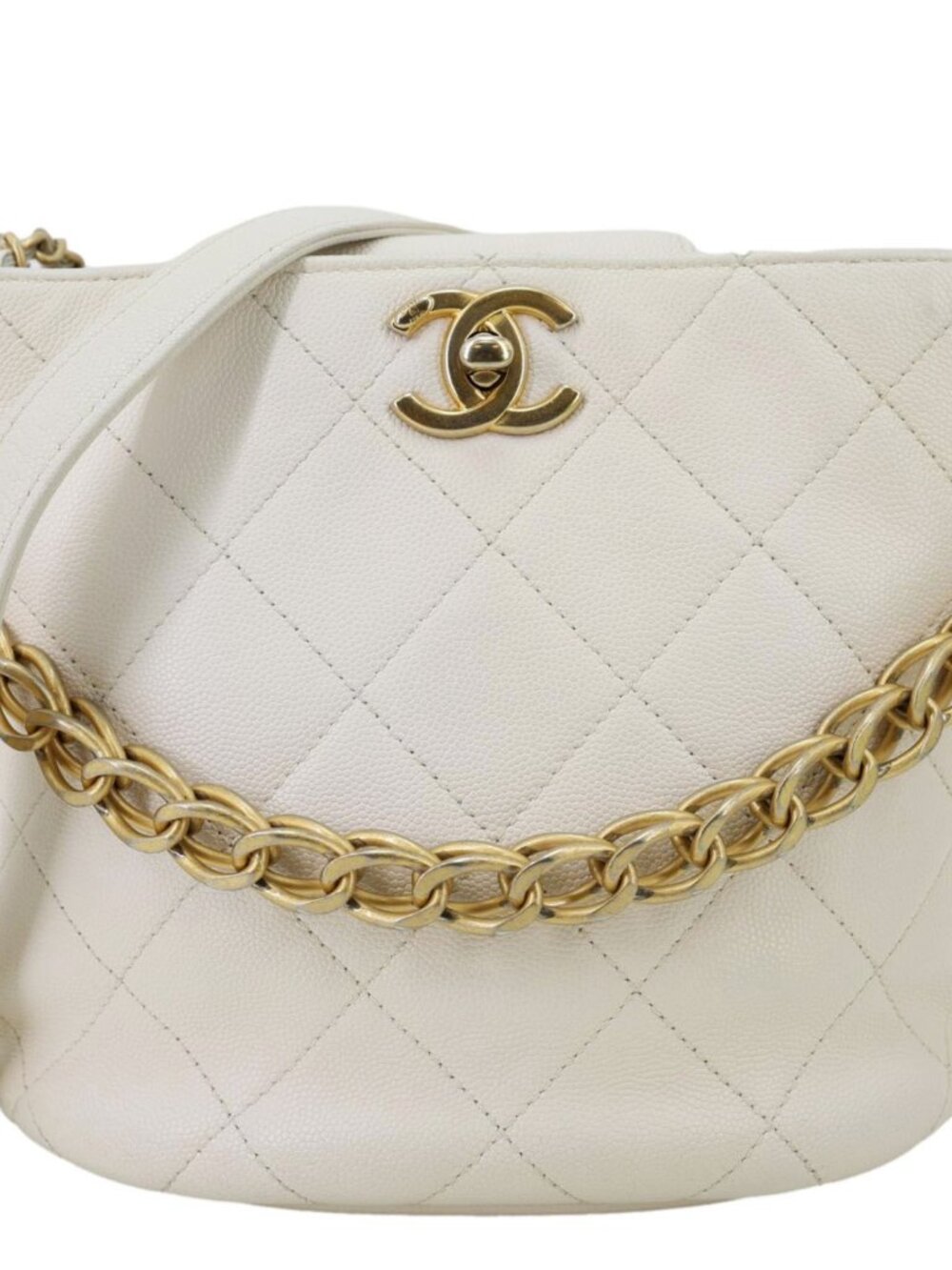 Chanel  Quilted Caviar Leather Bucket Hobo Bag White